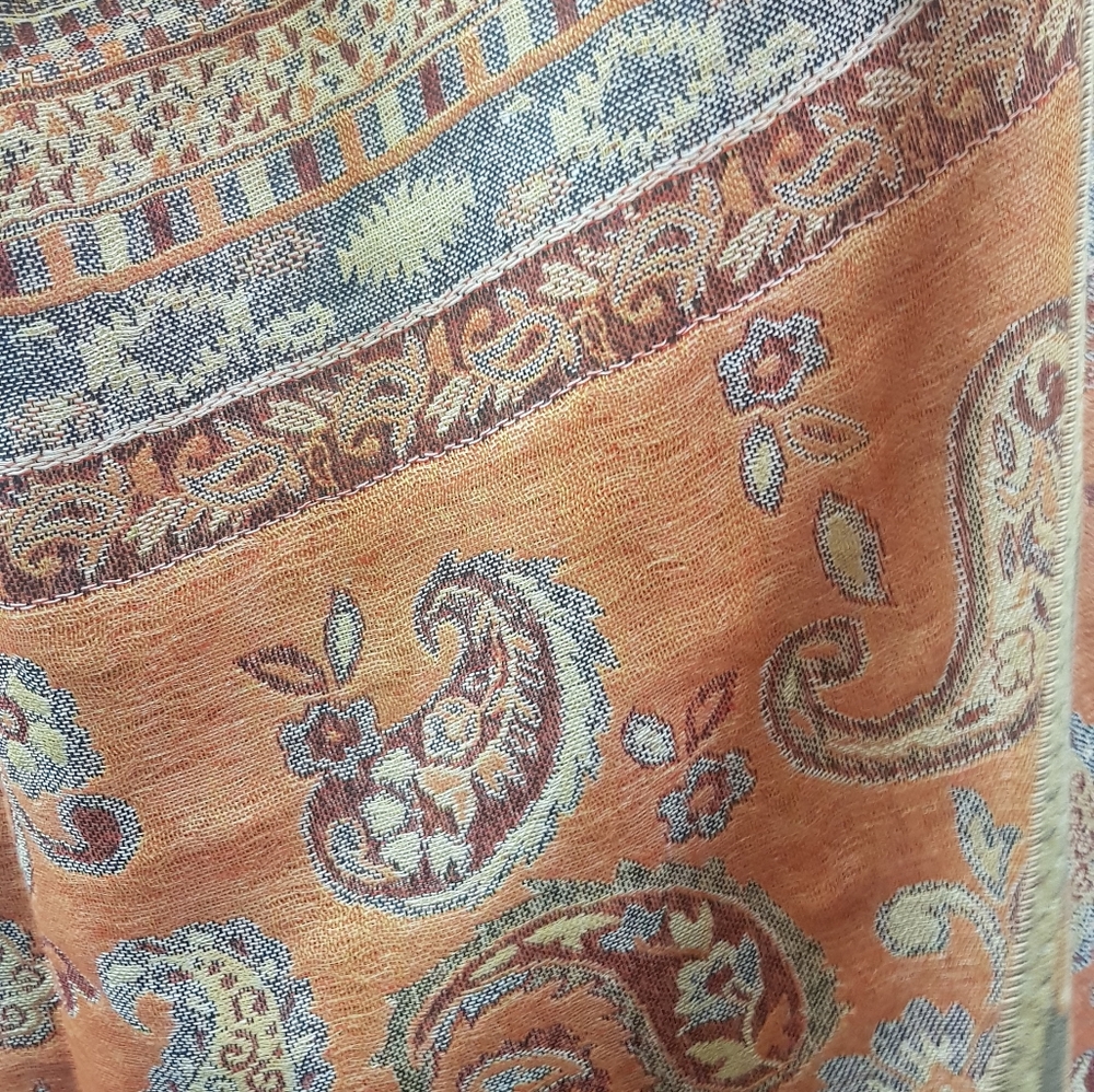 Orange and Silver Paisley Pashmina Scarf - Picture 2 of 7